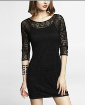 New EXPRESS Geometric Black Lace Round Neck 3/4 Sleeve Sheath Dress Sz S w/ Slip - $39.59