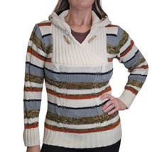 Vibtage 70s Womens XS S Striped Boho Sweater Cable Knit Hooded Acrylic Cream - £45.77 GBP