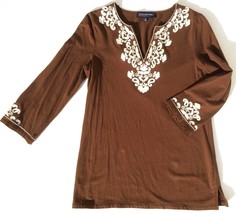 Jones New York Tunic Top Petite Small PP cotton knit brown white embroid... - $8.89
