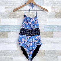 H&amp;M Watercolor Floral Lattice Trim One Piece Swimsuit Blue Tie Neck Wome... - $24.74