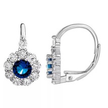 14K White Gold Plated Simulated Sapphire Floral Drop Earrings 1.60Ct Christmas - £67.92 GBP