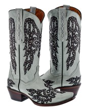 Womens Off White Cowboy Boots Leather Studded Cross Wings Snip Toe - £86.53 GBP