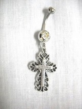 NEW CROSS with SCROLLING OUTER ON DAZZLING CLEAR CZ BELLY RING NAVEL BAR... - $4.99