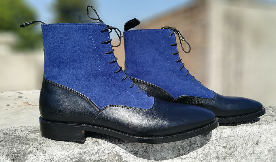 Men's Two Tone Blue Suede Black High Ankle Derby Plain Toe Leather Boots US 7-16