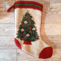 Needlepoint Stocking Vintage 10 Inch Candles on Christmas Tree Red Green - £18.36 GBP