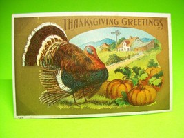 Thanksgiving Greetings Embossed Holiday Postcard 429 Turkey &amp; Pumpkin Patch 1910 - $10.80