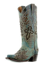 Womens Western Rodeo Boots Turquoise Leather Cross Wings Studded Snip Si... - $85.53