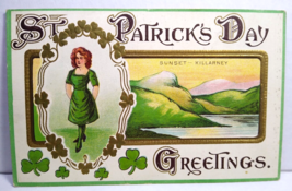 St Patrick&#39;s Day Postcard John Winsch Back Sunset Killarney Shamrock Lady Lions - $15.30