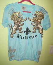BULZEYE COUTURE RHINESTONE Blue Short sleeve Gangster V NECK Shirt Sz Me... - $60.00