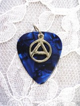 NEW MUSICAL DARK BLUE GUITAR PICK &amp; PEWTER ANARCHY A SYMBOL PENDANT ADJ ... - $4.99