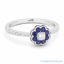 0.44 ct Round Cut Sapphire &amp; Diamond Pave 18k White Gold Right-Hand Flower Ring - £984.33 GBP