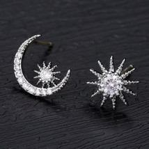 Korean Style Star And Moon Ear Studs Creative Asymmetric Full Diamond Star And M - £7.98 GBP