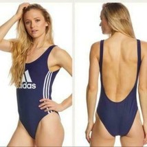ADIDAS LOGO One Piece Swimsuit Swim Blue 4PLF100 Low back Stripe side SZ... - £58.53 GBP