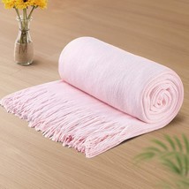 Vonty Pink Knitted Blanket With Tassels Fringe 50&quot; X 60&quot;, Super Soft Knit, Bed - £28.36 GBP