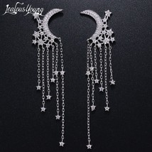 Romantic Moon and Star Long Tassel Earrings With Cubic Zirconia Women Fringe Ear - £17.85 GBP