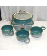 Hand Turned Pottery Turquoise Bean Soup Pot Lid &amp; 3 Bowls Loop Handle 5-... - €84,43 EUR