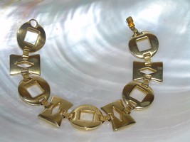 Estate Geometric Cut-out Circles &amp; Rectangles Goldtone Link Bracelet – 7.5 inch - £8.35 GBP