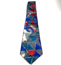 Men&#39;s Tie Gray Blue Geometric Satin Necktie Wide/Short  4X55&quot; vintage - £9.42 GBP