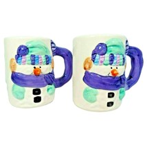 Snowman Coffee Mugs Scarf Earmuffs Blue Snow Cap Drinkware Ceramic 2-pc ... - $18.68