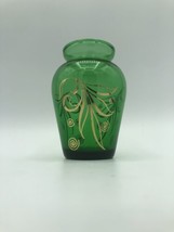 Anchor Hocking Emerald Green Glass Vase w Gold Swirl and Leaf Design 3.75&quot; Tall  - £7.42 GBP