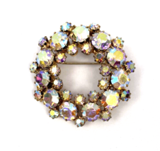 Vintage Weiss Brooch Rhinestone Gold Tone AB Aurora Crystal Circle Wreat... - €25,75 EUR
