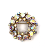 Vintage Weiss Brooch Rhinestone Gold Tone AB Aurora Crystal Circle Wreat... - $30.00