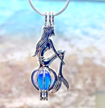 Silver Plated Mermaid w/ BLUE Sea Glass Cage Locket Necklace 18&quot;, Jewelry Gift - $16.80