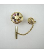 Vintage Tie Tack Lapel Pin Multi Color Stones Gold Tone Chain Tie Bar Anson - £7.98 GBP