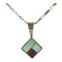 David Rosales Sterling Silver Inlaid Turquoise Coral Pendant Necklace  18&quot; Chain - $140.24