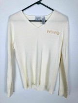 Villager Sport Sweater Knit Top Womens Medium Beige V Neck NWC Embroidery Cotton - £8.17 GBP