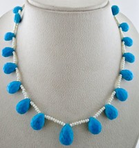 Blue Turquoise Magnesite Faceted Tear Drop Beads 205 Cts Pearl Silver Necklace - $175.75