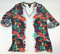 Nicole Miller Floral V-Neck Blouse Roll Tab Sleeves Beaded Rayon Women&#39;s Sz XL - £19.34 GBP