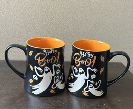 Eli &amp; Ana Set of 2 Coffee Mugs Ghost Fall Leaves Orange Halloween Happy Boo - £29.08 GBP