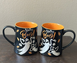 Eli &amp; Ana Set of 2 Coffee Mugs Ghost Fall Leaves Orange Halloween Happy Boo - £29.46 GBP