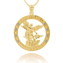 14K Solid Gold Saint Michael CZ Medallion Pendant Necklace - Yellow, Rose, White - £330.19 GBP+
