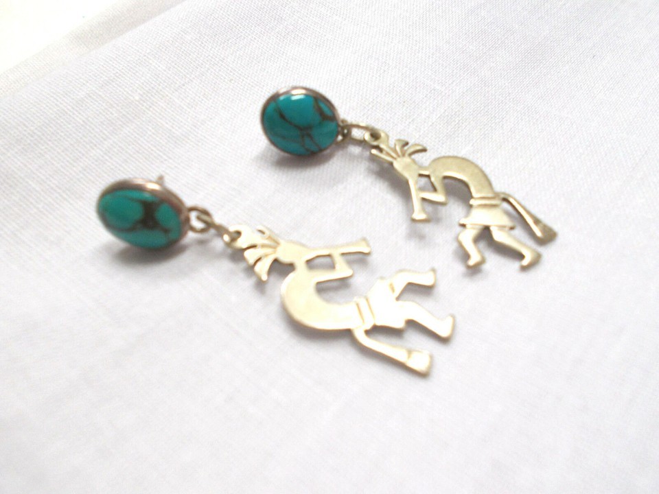 Signed Kokopelli Flute Player New Mexico Turquoise 925 Sterling Silver Earrings Item image 2