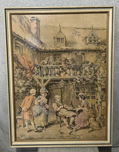 Vintage Tapestry France French Cottage Tavern Bird Cage Victorian Scene Antique - £319.67 GBP