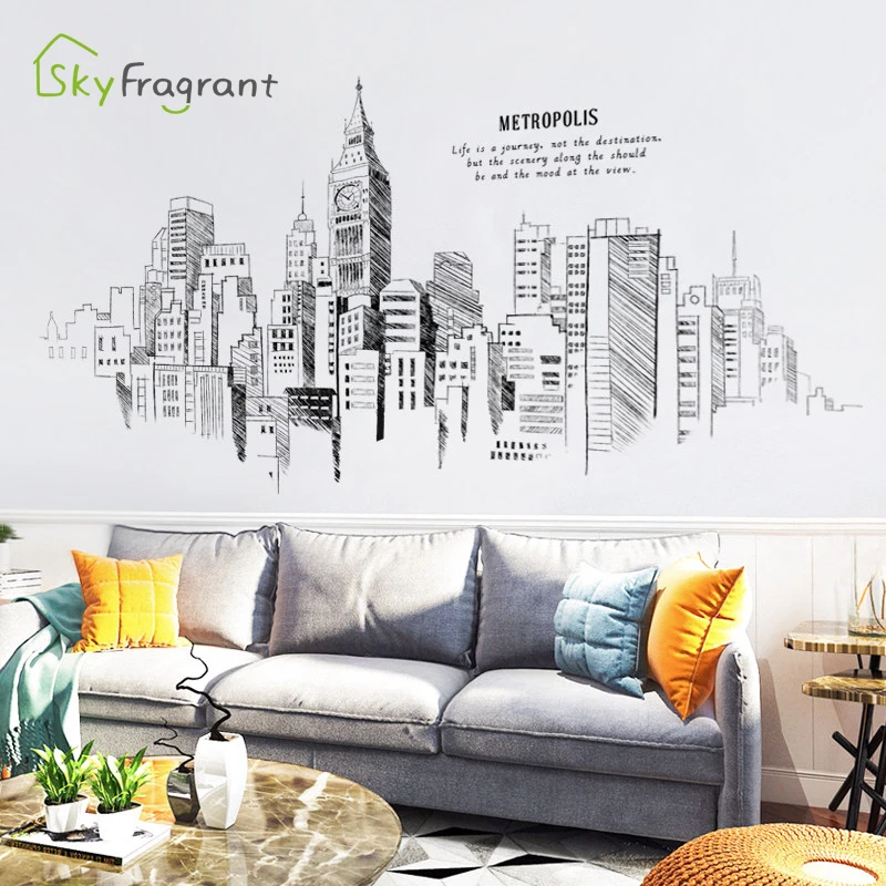 Play A Simple Line Modern City TV Sofa Background Wall Sticker Self-adhesive Hom - £26.31 GBP