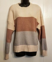TxS Super Soft Fuzzy Sweater X Large Ivory Mauve Grey Block Stripes Warm Cozy - £19.71 GBP