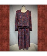 Vintage 1980s Kathie Lee Dress Paisley Dark Academia Purple Blue Sz S/M - $33.08 CAD