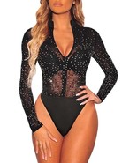 Sexy Zipper Front Bodysuit Top Long Sleeve Rhinestone Studded Jumpsuit S... - $19.75