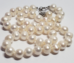 White Gold on STERLING SILVER 8mm x 7mm Fresh Water Pearl HandKnotted Necklace  - £31.26 GBP