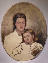 Oval Portrait of Mother and Daughter early 20 century Scandinavian Oil Painting  - £297.26 GBP