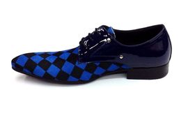 Men Fashion Shoes ZOTA Lace Up Pony Hair, Leather Checker Pointe Toe HX750 Blue image 4