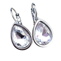 Silver Tone &amp; Clear Stone Cabachon Drop Earrings - £8.69 GBP