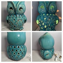 TURQUOISE Pottery Cutout Distressed Design Great Horned OWL Lamp Night L... - $49.77