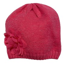 Pink Flower Rosette Shimmer Thread Knit Warm Winter Beanie Cap Hat 1989 Place - £6.22 GBP