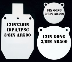 12x20 IDPA/IPSC, 12 &amp; 8in Gongs 3/8in AR500 Steel - 3pc Metal Shooting T... - £141.72 GBP