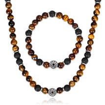 Tiger Eye Stone Womens Mens Bracelets Necklace Set Lava Bead Bracelet Stainless  - £22.08 GBP