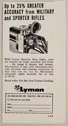 1966 Print Ad Lyman Receiver Peep Sights for Rifle Accuracy Middlefield,CT - $8.35